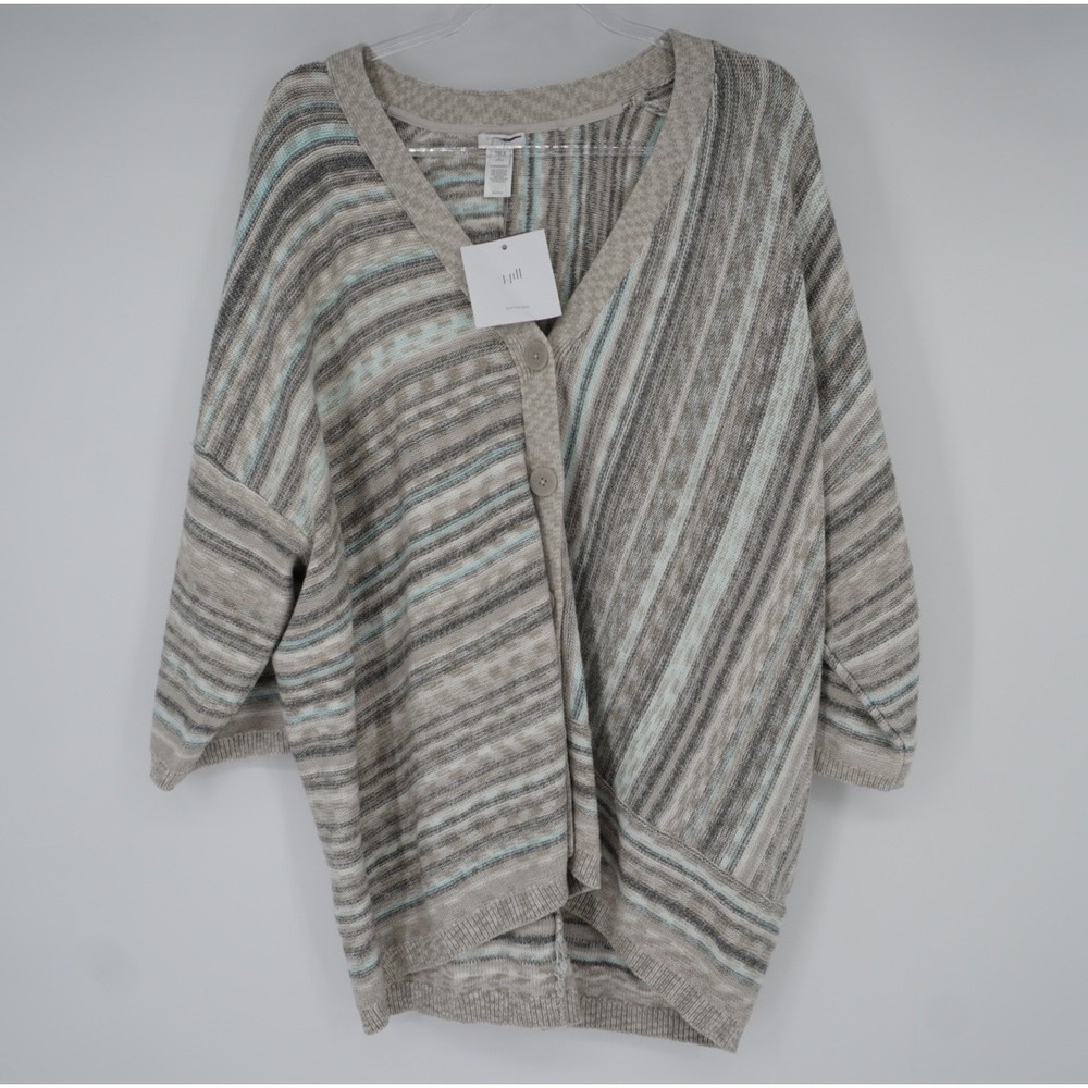 Pure J. Jill Cardigan Sweater Womens Large P Petite Dove Grey Striped V-Neck NEW